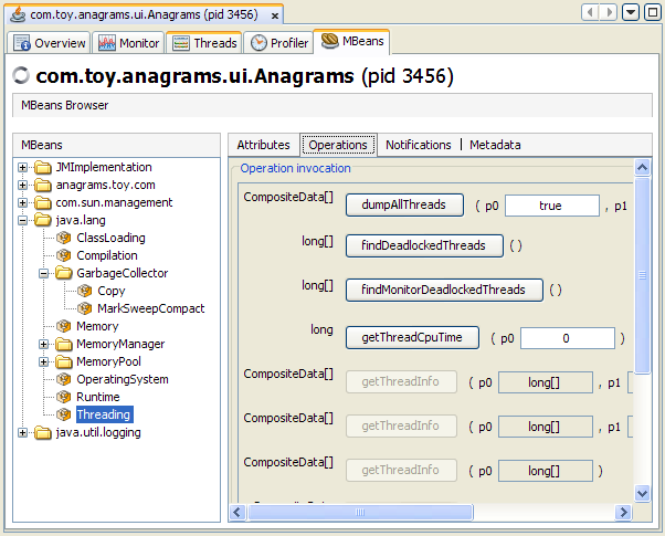 Viewing the Threading platform MXBean's operations.