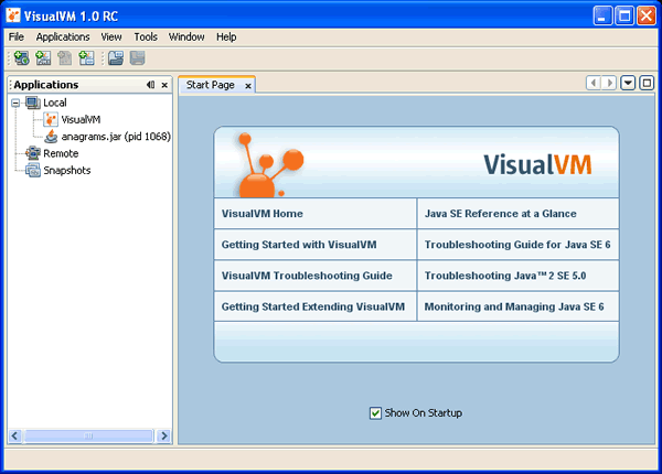 screenshot of VisualVM window with Start screen